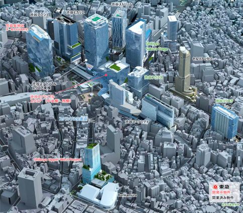 渋谷駅周辺の鳥瞰図。東急の開発中の物件と開業済みの物件に名称のラベルを付けたもの